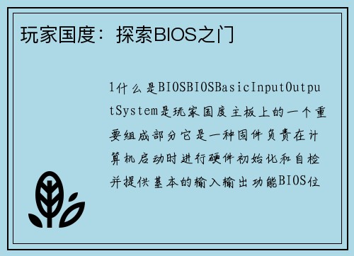 玩家国度：探索BIOS之门